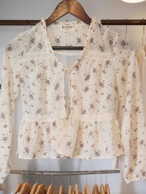 Belle du Jour Girls Medium Floral Blouse Front Tie, Ruffled Neckline, Peplum Hem